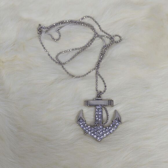 Silver Rhinestone Anchor Necklace Women’s Statement Piece - Picture 1 of 8